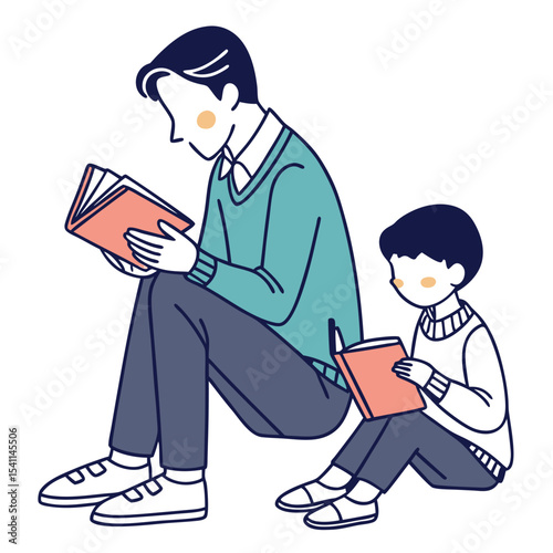 Flat illustration of a father and child reading together, suitable for family values, education, and parenting concepts. Not AI-Generated