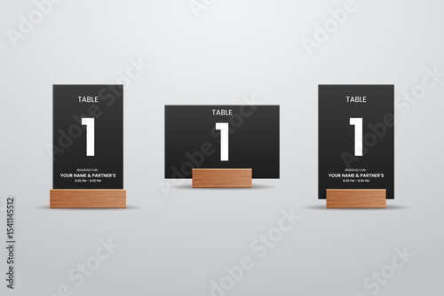 Table Number 1 Black Card Mockup with Wooden Stand – Vertical and Horizontal Layout