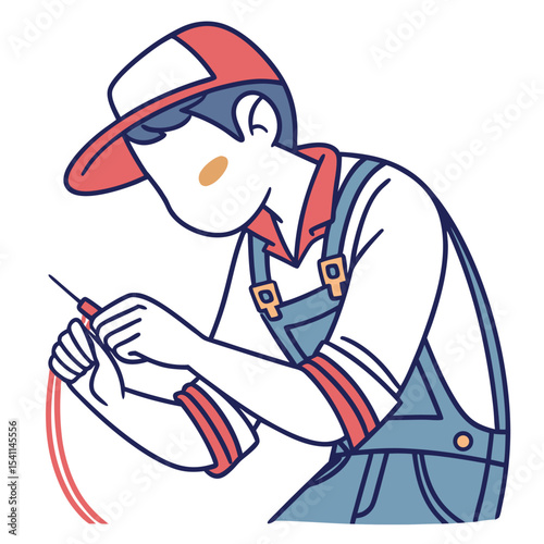A male technician focused on completing an electric cable repair. This faceless flat design illustrates hard work, utility service, and technical fieldwork. Ideal for themes on electricity. Not AI