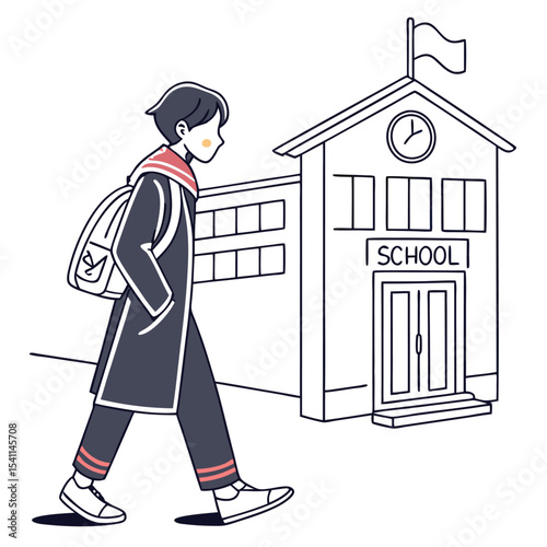 Flat illustration of a faceless student walking toward a school building, ideal for education themes, back-to-school campaigns, and school promotions. Not AI-Generated