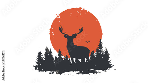 Majestic silhouette of a deer against a vibrant orange sunset with dark silhouettes of trees and a bird in the sky creating a serene nature scene