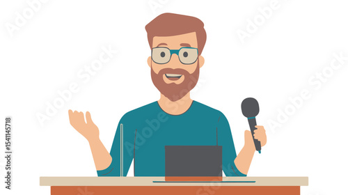 Enthusiastic Presenter Holding Microphone Gesturing from Behind Laptop During a Presentation in a Modern Workspace