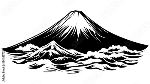 Abstract Mountain Landscape Illustration Featuring a Majestic Peak with Stylized Snowcap and Minimalist Elements in Black and White
