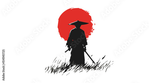 Silhouette of a Warrior with a Sword Against a Red Sun in the Background, Representing Strength and Honor in Japanese Culture