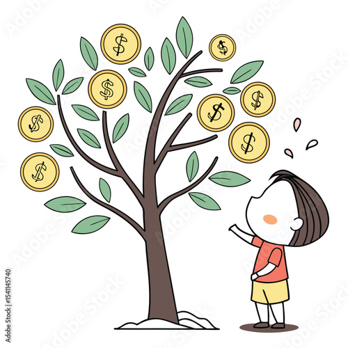 A girl observing a tree growing coins, symbolizing savings, investment, and wealth management. Perfect for personal finance visuals and economic literacy. Not AI-Generated
