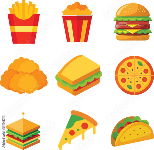 Fast Food Vector Collection – colorful Clipart Set of Popular Junk Food Items Including Burger, Pizza, Fries, Hot Dog, Sandwich, Fried Chicken, Taco, and Soda for Logo, Icon, and Design Use

