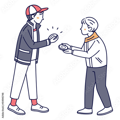 A faceless flat vector of two men exchanging money. Useful for business, transactions, finance, and commercial service content. Not AI-Generated