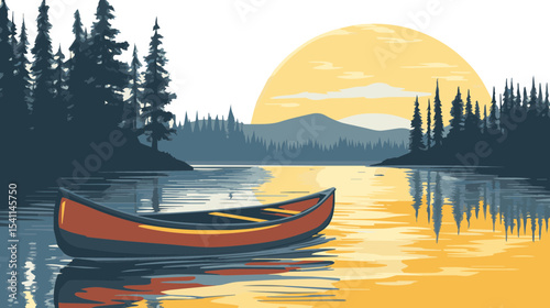 Serene Canoe on a Calm Lake with Majestic Sunrise Reflected in Water Surrounded by Lush Trees and Mountains in the Background