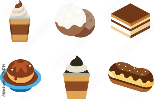 Chocolate & Cream Dessert Vector Set – Colorful Clipart Collection Featuring Mousse, Lava Cake, White Truffle, Eclair, Tiramisu, and Oreo Cup for Bakery Menu, Cafe Branding, and Sweet Treat Designs