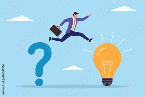 Vector illustration of a businessman jumping from a question mark to a bright light bulb, representing the leap from confusion and doubt to clarity, innovative ideas, and successful problem solving
