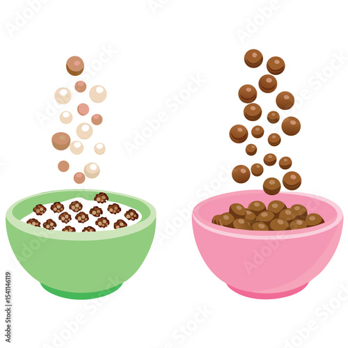 Cartoon breakfast cereal in two colorful bowls vector illustration against a white background