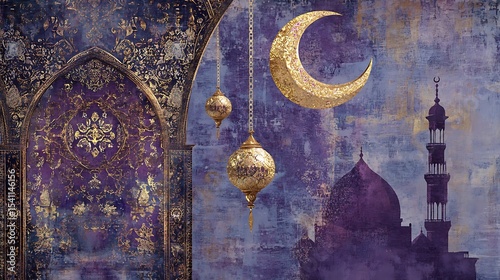 Golden crescent moon and two ornate lanterns hang over dark mosque in night scene