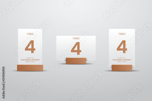 white Table Number 4 Card Mockup with Wooden Stand