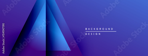 Abstract geometric shapes create vibrant blue gradient background. Minimalist design features layered triangles, text elements present.
