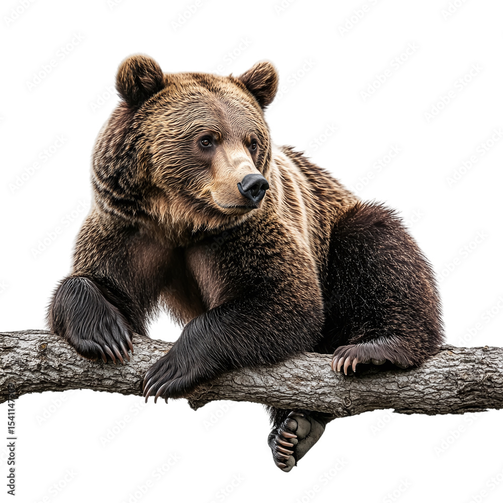 Fototapeta premium Portrait of a brown bear on a branch isolated on transparent background cutout, png file.