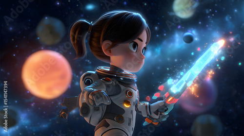 3d Cartoon of young girl superhero in space