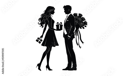 Silhouette of Romantic Couple Exchanging Gifts Vector Illustration