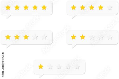 Set of star rating. Ratings and review icon. 5 star rating isolated on transparent background. Five star rating speech bubbles 