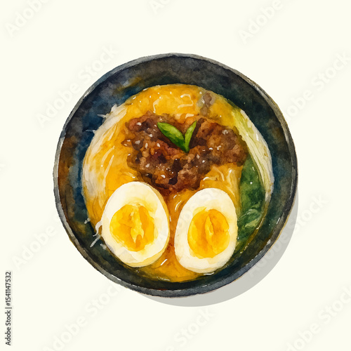  ramen with sliced ​​meat and egg watercolor illustration