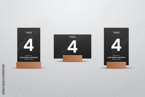 Table Number 4 Black Card Mockup with Wooden Stand – Vertical and Horizontal Layout