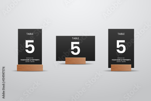Black Table Number 5 Card Mockup with Wooden Stand – Vertical and Horizontal Layout