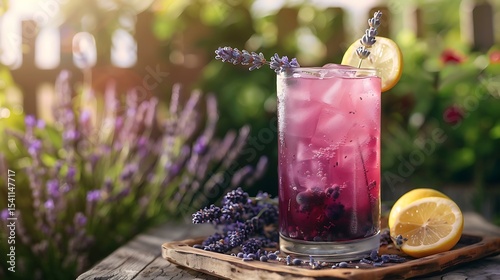 A tall glass of iced blueberry lavender lemonade, garnished with fresh lavender sprigs and served with a lemon wedge on a rustic wooden tray in a garden setting