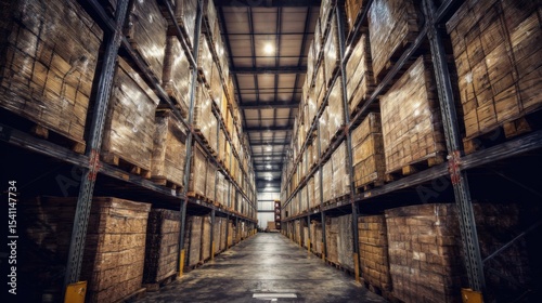 Spacious industrial-style warehouse with tall metal shelving units filled with neatly stacked wooden crates, polished concrete floor, and warm overhead lighting.