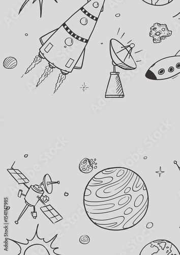 Whimsical Space Exploration A Hand-Drawn Adventure Through Rockets, Planets, and Satellites