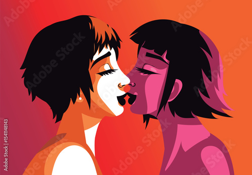 cute beautiful lesbian couple with flag