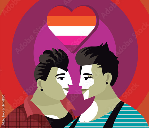 cute beautiful lesbian couple with flag