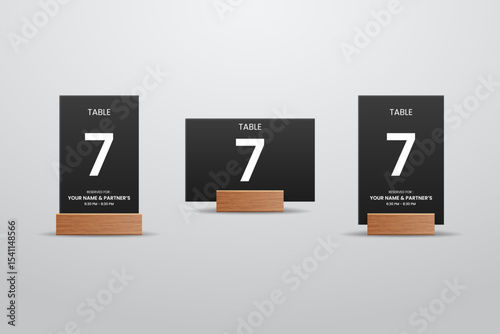 Black Table Number 7 Card with Wooden Stand – Vertical and Horizontal Layout