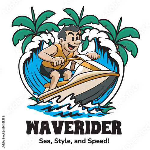 Vector Illustration of Boy Riding Jetski with Retro Cartoon Available for Logo Badge