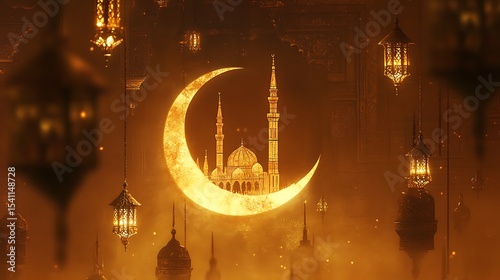 Golden Crescent Moon Silhouette with Mosque and Ornate Lanterns, Ramadan, Eid Decorations