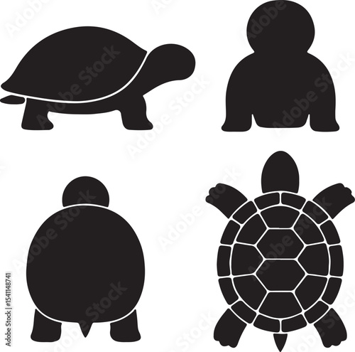 Turtle silhouette icons set side, front, back, and top views vector art illustration