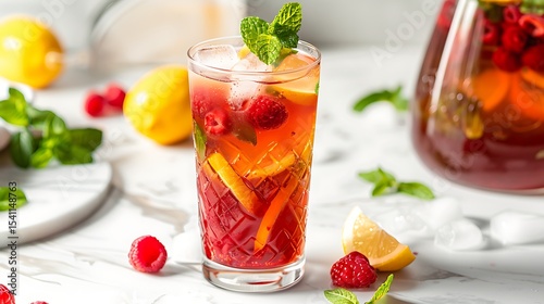 A tall glass of iced raspberry mint tea, garnished with a sprig of fresh mint and served with a lemon wedge on a white marble table with a pitcher in the background