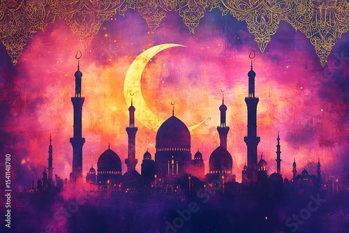 Golden crescent moon shines over dark mosque silhouettes against pink and orange textured sky