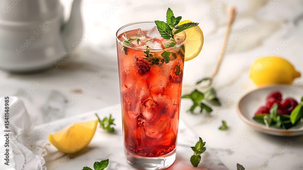 A tall glass of iced raspberry mint tea, garnished with a sprig of fresh mint and served with a lemon wedge on a white marble table with a pitcher in the background A tall glass of iced raspberry mint tea, garnished with a sprig of fresh mint and served with a lemon wedge on a white marble table with a pitcher in the background