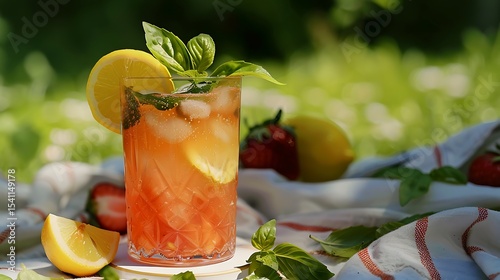 A tall glass of iced strawberry basil lemonade, garnished with fresh basil leaves and served with a lemon wedge on a white ceramic coaster on a summer picnic blanket