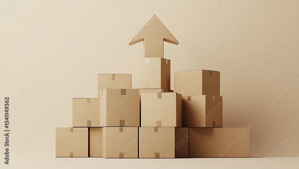 Fototapeta premium A stack of cardboard boxes arranged in the shape of an arrow, pointing upwards against a light beige background. The scene is captured from a frontal perspective with soft lighting that highlights