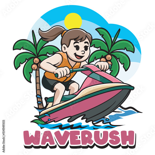 Vector Illustration of Girl Riding Jetski with Retro Cartoon Available for Logo Badge