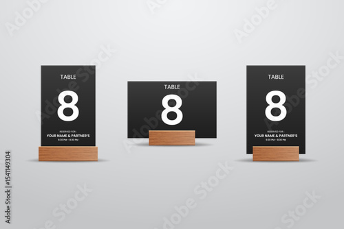 Black Table Number 8 Card with Wooden Stand – Vertical and Horizontal Layout