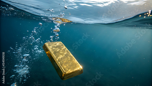 A single golden bar submerged in clear, deep water. The gold bar gleams in the sunlight with bubbles surrounding it.