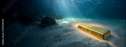 A solitary gold bar resting on the seabed, illuminated by the sunlight