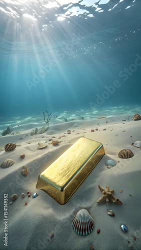 A golden bar rests at the bottom of the ocean, the sunlight creating mesmerizing reflections