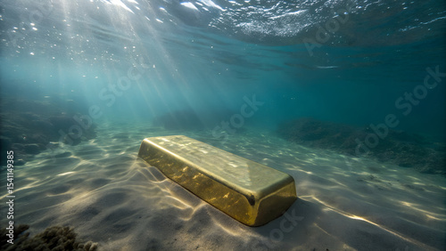 Sunlight beams down on a golden bar resting on the sandy ocean floor, with rippling water in the background