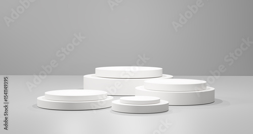 Minimal white round podium stage set on gray background for product display, branding, or presentation. Empty 3D cylinder pedestal with soft lighting for mockup, marketing, and commercial use.