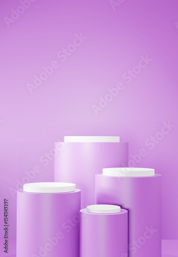 Product display on white round podiums against a vibrant purple background. Showcasing cosmetics, tech gadgets, fashion accessories, or luxury items. Perfect for e-commerce, advertising, and branding