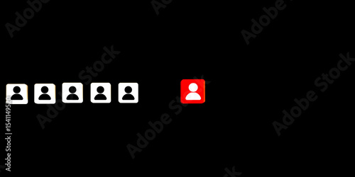 One red square icon with people symbol stands out among white icons on black background. Representing uniqueness, leadership, individuality, recruitment, selection, or standing out from crowd.