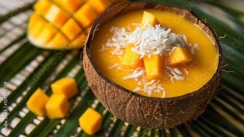 A tropical mango coconut smoothie served in a coconut shell, garnished with mango chunks and shredded coconut, sitting on a palm leaf placemat