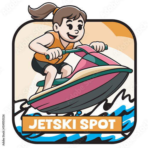 Vector Illustration of Girl Riding Jetski with Retro Cartoon Available for Logo Badge